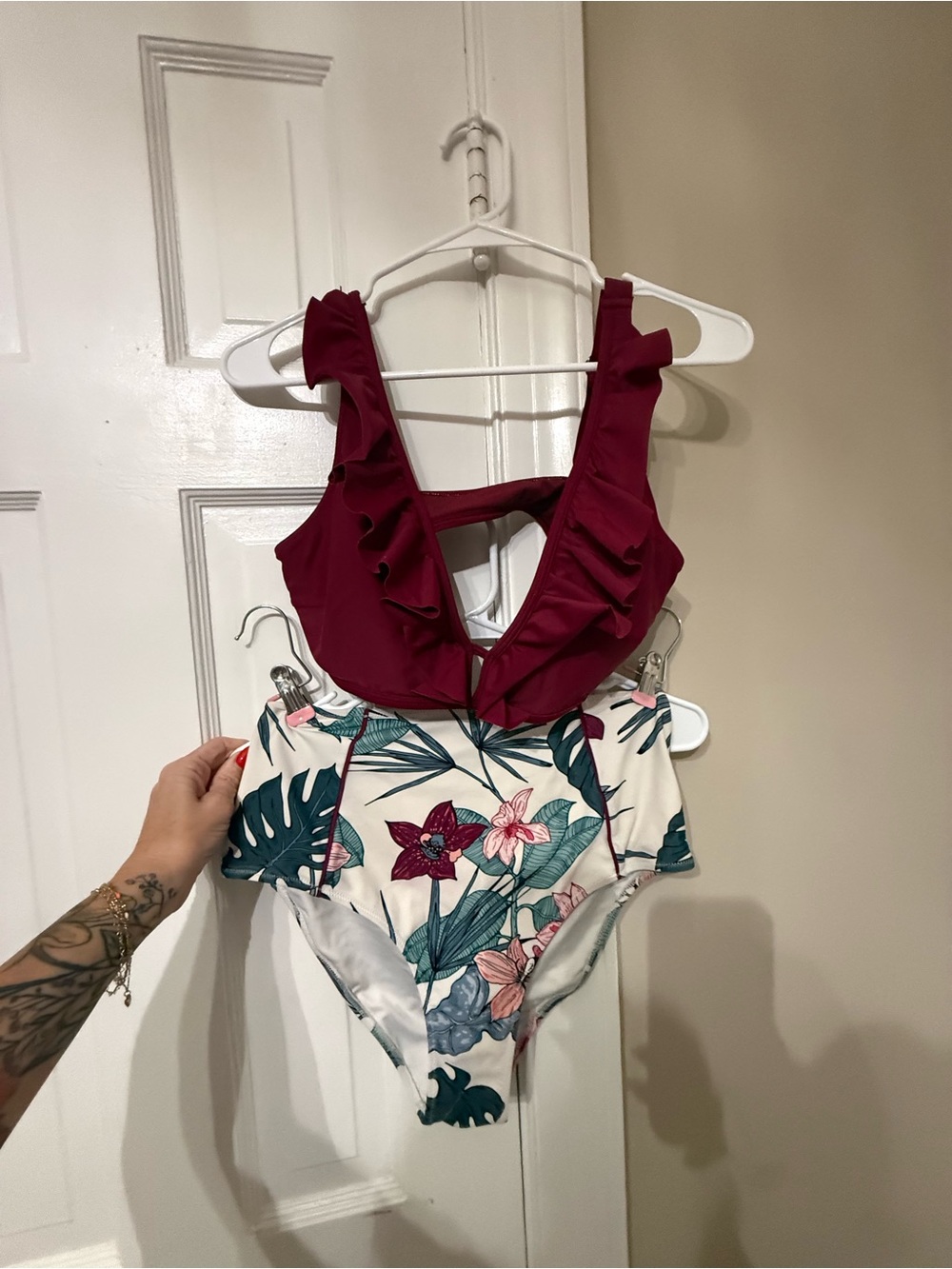 Ruffled Burgundy and Floral Two Piece Swimsuit